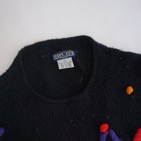 Vintage '80S Bay Club 30% Wool Black Knit w Multicolor Pom Pom Crew Sweater L - Picture 11 of 12